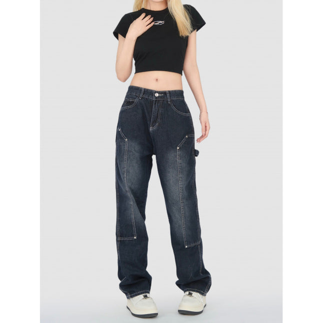 Real Shot of Retro Jeans for Women, High Street High Waist Loose Straight Pants, Wide Leg Drapey Floor Mopping Pants