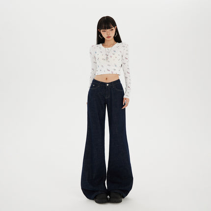 American-Style Dark Blue Non-Stretch Flared Jeans for Women, 2025 Autumn and Winter New Loose High-Waisted Slimming Bootcut Pants