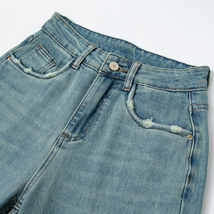Ripped Pockets Vintage Green High-Waisted Slim Wide-Leg Pants Women 2026 Spring Casual Breathable Slimming Straight-Leg Jeans