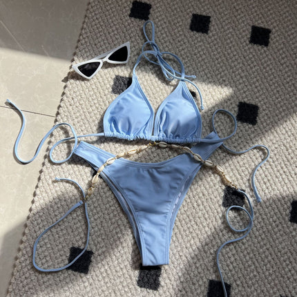 2025 European and American Plain New Sexy Shell Chain Swimsuit Swimsuit Bikini Bikini Cross-Border Export