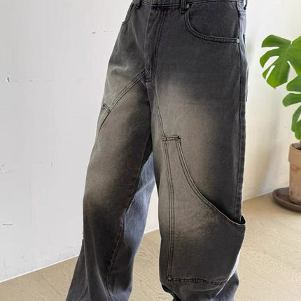 Versace American-Style Silhouette Curved Knife Jeans for Women with Multiple Pockets, Deconstructed Washed Straight Wide-Leg Pants