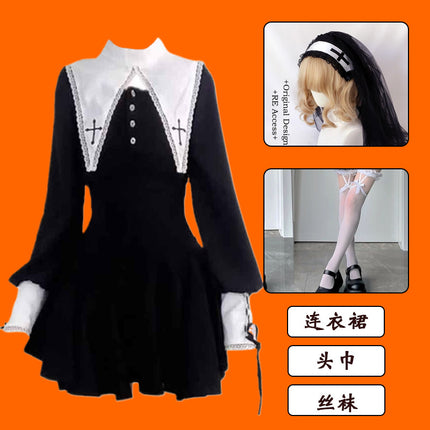 Evil Nun! Halloween Cos Costume Contrast Style Blackened Gothic Dark Style Horror Dress for Adult Women