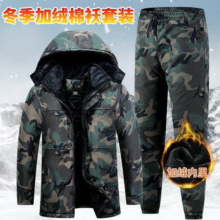 Camouflage Cotton-Padded Jacket for Men in Winter, Thickeneded Cold-Proof Labor Protection Cotton Outwear, Work Clothes, Winter Clothing, Mid-Length Cold Storage Cotton-Padded Jacket and Cotton Pants