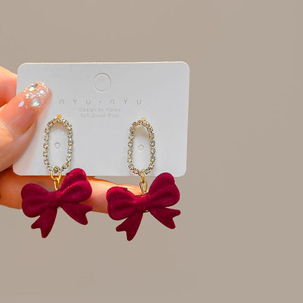 925 Silver New Wine Red Flocking Earrings Elegant Atmosphere Bow Rose New Year Spring Festival Chinese Style Earrings