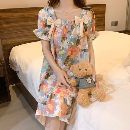 Sweet Bow Square Neck Nightgown with Breast Pad Summer New Cloud Cotton Cartoon Short-Sleeved Princess Style Women's Nightgown