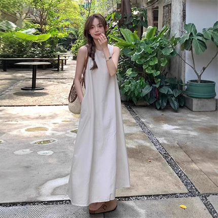 Design Sense Niche Back Hollow Sleeveless dress Women's New Summer Loose Crewneck Mid-length Vest Skirt