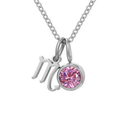 Non-Fading Titanium Steel Zodiac Necklace for Women, Birthstone Rhinestone Pendant, Clavicle Chain, European and American Style Niche Light Luxury Jewelry