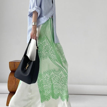 2025 Summer New Italian New Chinese Long Dress to Ankle Design Niche Green Printed Dape Skirt
