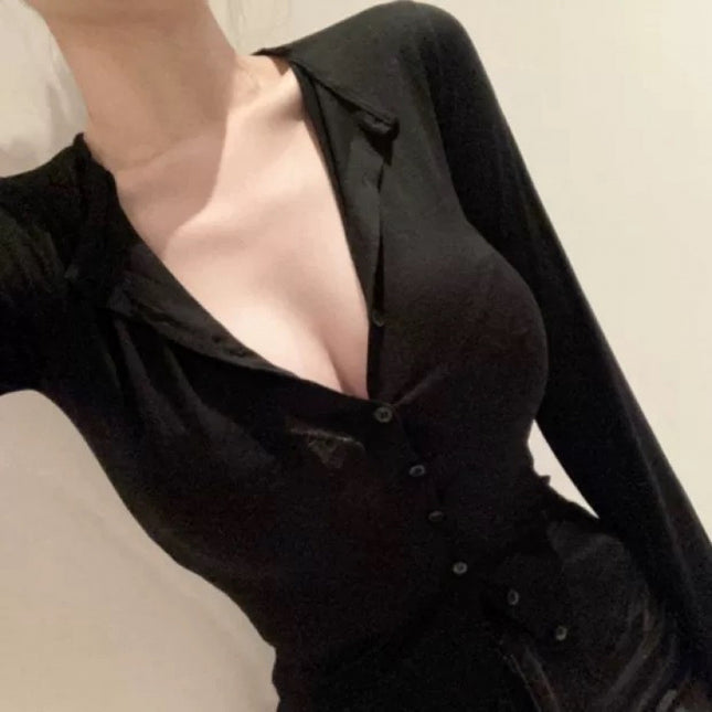 South Korea Dongdaemun New Product Beautifies Body ~ Gentle and Comfortable Swan Neck Shown Body Cardigan T-shirt