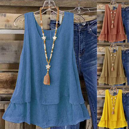European and American Cross-Border 2025 Amazon Temu Foreign Trade Summer New Solid Color Sleeveless U-Neck Fake Two-Layer T-Shirt Women's Clothing