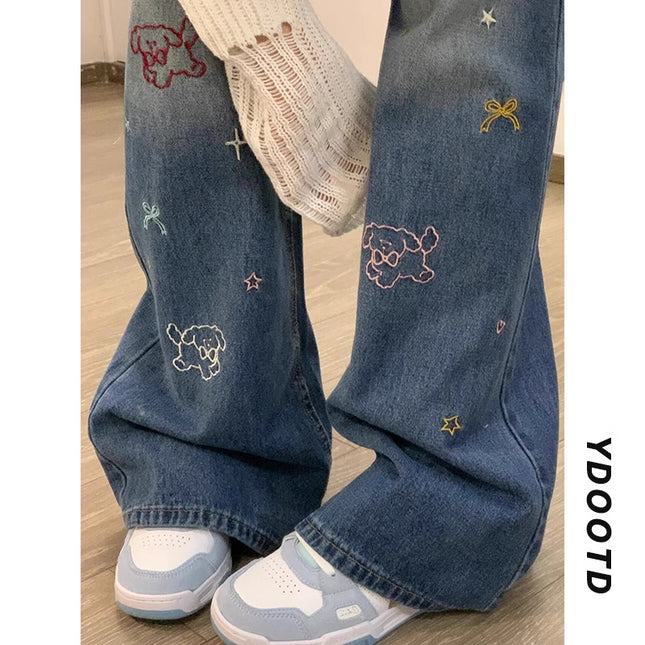 Autumn American Cartoon Embroidered Straight Jeans for Women, Retro Design, High-Waisted, Slimming, Floor-Length Wide-Leg Pants, Trendy