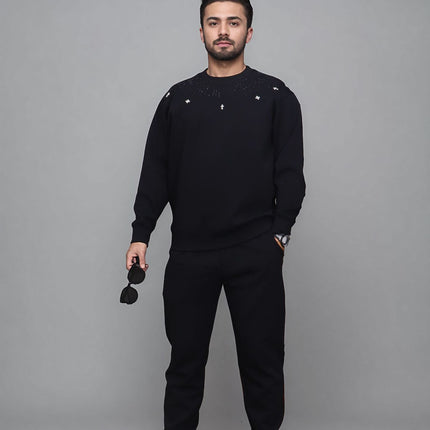 American-style High Street Casual Heavy Hot Drilling Meteor Shower Cross Plus Size Crewneck Sweatshirt Top fleece-lined Fat