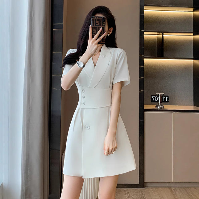 【Precise Fit】Women's High-End Short-Sleeve Suit Dress, Summer Waist-Slimming Coffee-Colored Dress