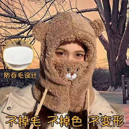 Rabbit Ears Hat Scarf All-In-One Hat for Women Winter Cute Plush Furry Animal Plus Scarf Two-Piece Hat
