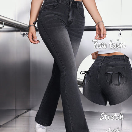 Cross-Border Black Bell-Bottom Pants with Bowknot Decoration, Slim Fit and Stretchy Fabric, Fashionable Women's Flared Jeans
