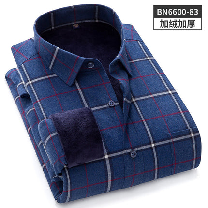24 Winter Pure Cotton Brushed Plaid Warm Shirt Fleece-Lined Thickeneded Winter Shirt Light Business Square Collar Long-Sleeved Shirt