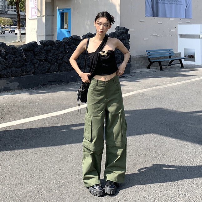 American Fashion Trendy Summer New Style Removable Two-Wear Army Green Casual Wide-Leg Multi-Pocket Crane Pants for Women