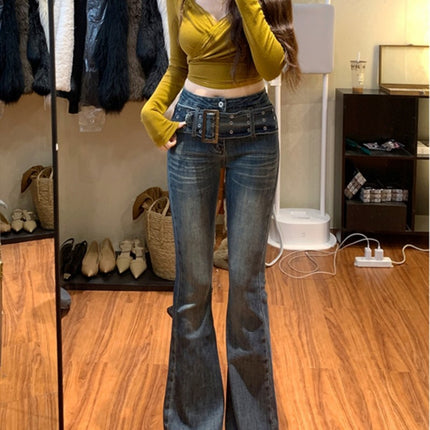 Vintage Blue Belted Flared Jeans for Women Trendy Versatile New High-Waisted Slimming Stretchy Butt-Lifting Wide-Leg Pants