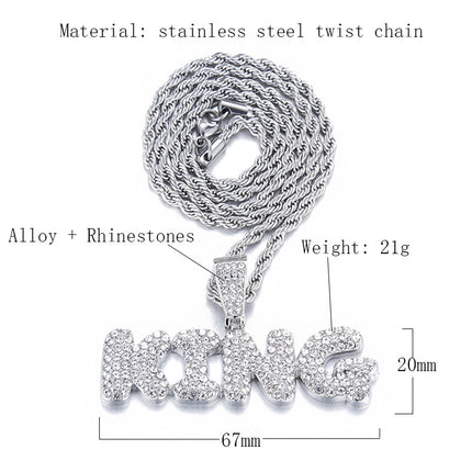 European and American Hip-Hop Versatile Men's Diamond-Studded Letter King Fashion Pendant Necklace Accessory Factory Supply Hip-Hop Style