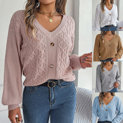 Clearance Sale: Instagram-Style Real-Shot Autumn and Winter Casual Buttoned Cable-Knit Lantern Sleeve Pullover Sweater, Independent Cross-Border Women's Fashion