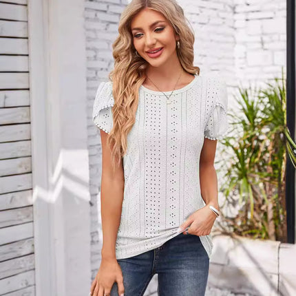 Amazon Independent Station European and American Foreign Trade Cross-border Women's Summer Short-sleeved T-shirt Needle-eye Crewneck Petal Sleeve Top