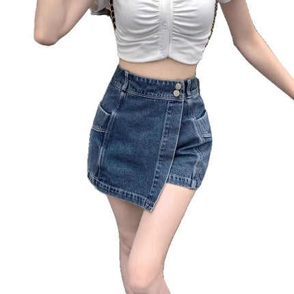 Plus Size Fat mm High Waist Asymmetrical Denim Shorts Women's Spring New Pear-Shaped Figure Design A-Line Skirt Pants