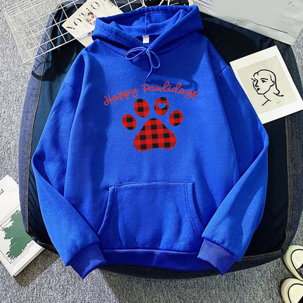 Happy Pawlidays Red Plaid Dog Feet Printed Hooded Sweat Autumn/Winter European Men's and Women's Top