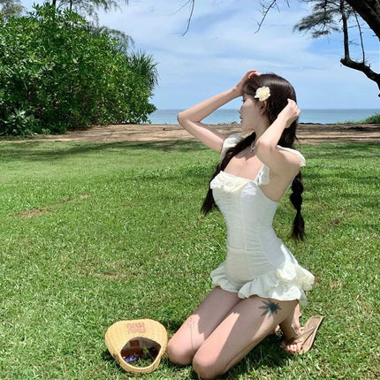 [Cream Puff] New Sexy One-Piece Belly-Covering Slimming Look Ironing Pattern Push-Up Hot Spring Resort Swimsuit