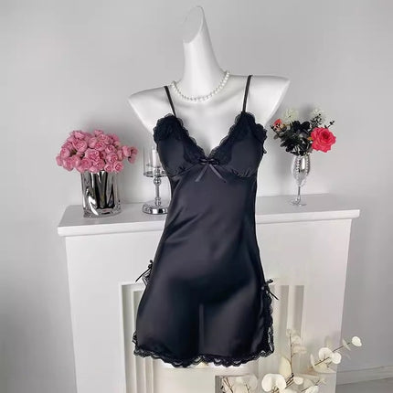 French-Style High-End Ice Silk Camisole Nightdress for Women, Summer Lace with Chest Pad, Sexy Sleepwear, Pure Desire Style Set, Loungewear