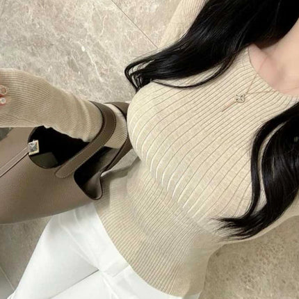 South Korea Dongdaemun Commuter All-match Sexy Spice Girl Body-tight Figure-fitting Slimming Long-sleeved Base Sweater Top for Women