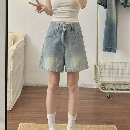 Retro Denim Shorts Women's Summer Thin Large Size Fat mm Pear-Shaped Figure High Waist Slimming Look Loose A-Line Wide Leg Pants