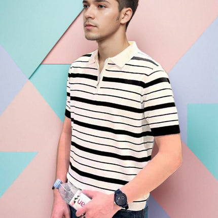 Summer Wear Light Mature Simple Fashion High-end Striped Polo Shirt Men's Young and Young Men's Slim-fit Half-zipper Led T-shirt Men's