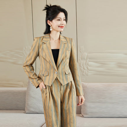 Khaki Suit Women's 2024 Autumn and Winter Fashion Green Business Wear European and American Casual Wide Long Two-Piece Suit