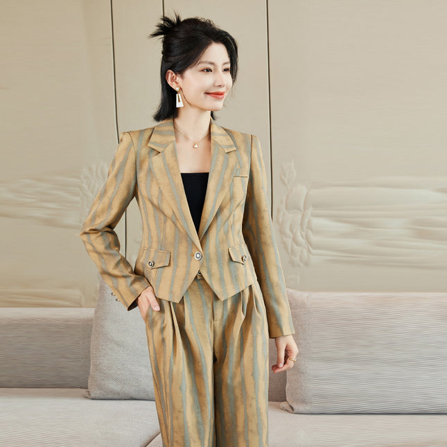 Khaki Suit Women's 2024 Autumn and Winter Fashion Green Business Wear European and American Casual Wide Long Two-Piece Suit