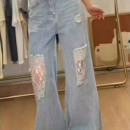 Spliced Ripped Lace Jeans for Women Summer New Loose High-Waist Slim New Wide-Leg Straight Floor-Length Trousers