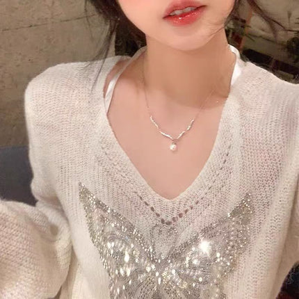 925 Silver-Plated Elegant Sparkling Zirconium Wave Pearl Pendant Clavicle Chain High-End Accessible Luxury Niche Necklace Women's Sweater Chain