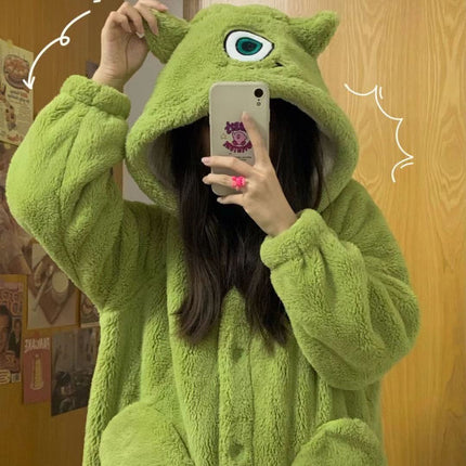 Cartoon Big-eyed Nightgown Pajamas Coral Fleece Autumn and Winter Hooded Cute Loose Long Couple