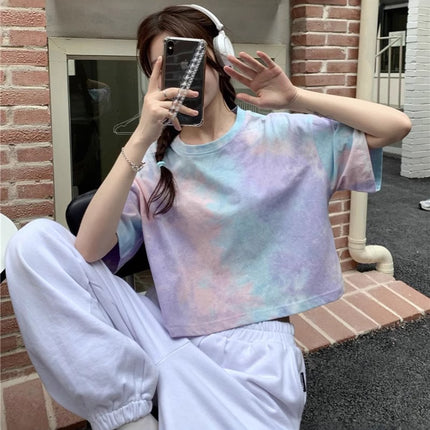 Summer Design-Inspired Outfit: Tie-Dye Gradient Starry Sky Dopamine Short Crop Top Women's Short-Sleeve T-Shirt, Direct from Manufacturer