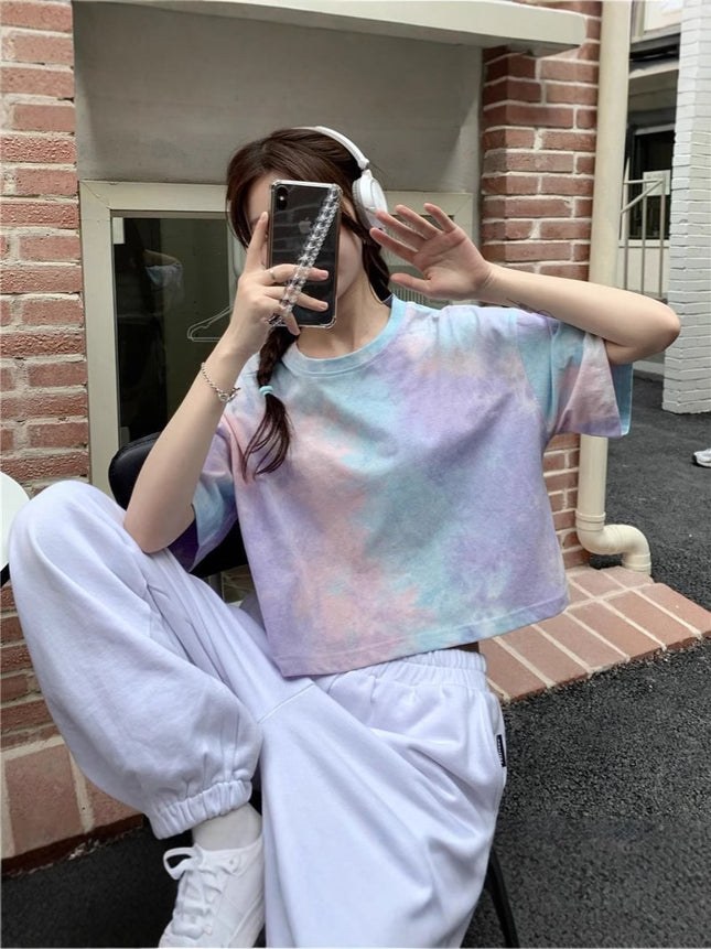 Summer Design-Inspired Outfit: Tie-Dye Gradient Starry Sky Dopamine Short Crop Top Women's Short-Sleeve T-Shirt, Direct from Manufacturer