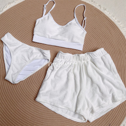 South Korea ins new solid color towel fabric camisole elastic waist loose shorts women's split swimsuit