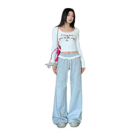 Lazy Casual Spice Girl Style Lace Contrast Color Design Sense Low Waist Dumping Sense Mop Loose Micro-horn Sports Pants for Women