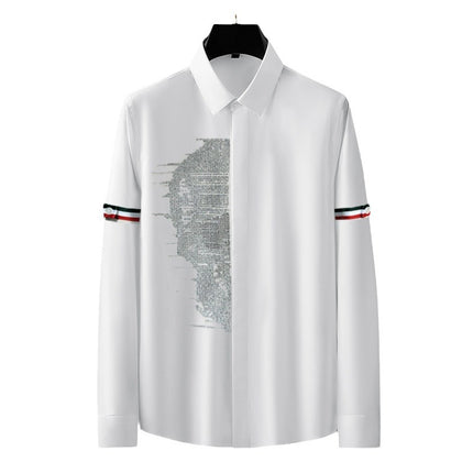 Men's Luxury Fashion Non-Iron High-End Solid Color Long-Sleeve Shirt with Rhinestone Trim Versatile Pure White Men's Shirt