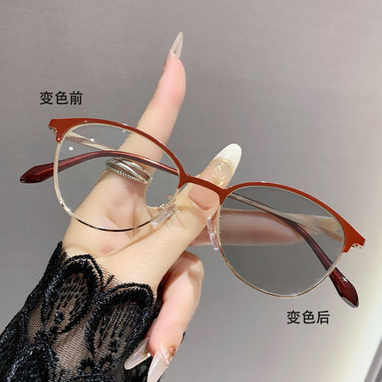 Photo-sensitive color-changing European and American-style cross-border cat's eye fashion anti-blue light flat metal frame advanced student myopia glasses