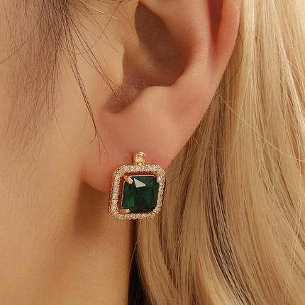 Fashionable Emerald Copper Inlaid Zircon Earrings Small Retro Accessible Luxury Geometric Square Zircon Earrings for Women