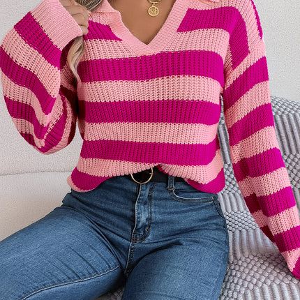 Clearance Sale: Autumn/Winter Casual Turn-Down Collar Color-Block Striped Long-Sleeve Knitted Pullover Sweater - Amazon Cross-Border Women's Fashion
