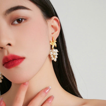 S925 Silver Needle French Retro Pearl Earrings Chinese Style Long Grape Tassel Accessible Luxury High-End Niche Earrings for Women