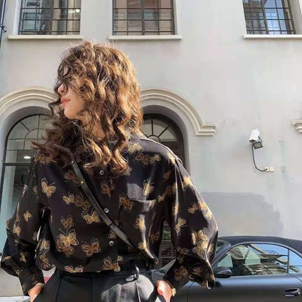 Personalized Printing ~ Retro Elegant Niche Hong Kong Style Long-Sleeved Shirt for Women Spring & Fall New Loose Casual Lapel Shirt