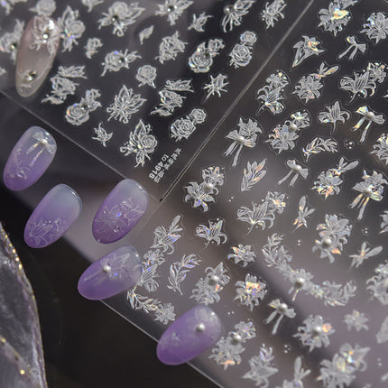 Crystal Diamond White Lily Rose Butterfly Nail Art Sticker Embossed 3D New Ins 5D Flower Nail Sticker Decoration