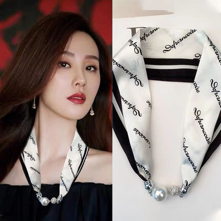 2026 New Magnetic Buckle Small Silk Scarf with Geometric Patterns and Rhinestones, Magnetic Necklace Scarf, Women's Hairband Scarf