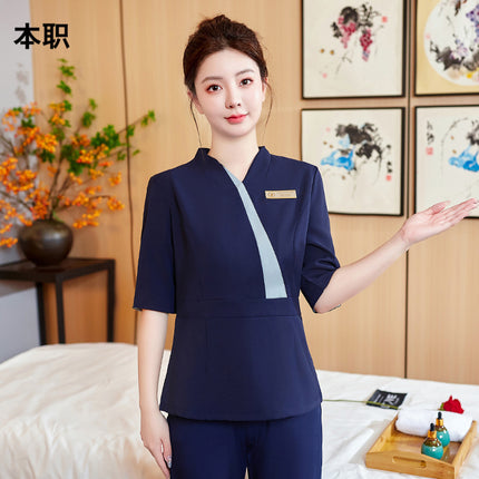 [Beauty Salon Robe] Female Beautician Work Clothes Foot Bath Club Foot Bath Nail Art Autumn and Winter Five-point Sleeve suit